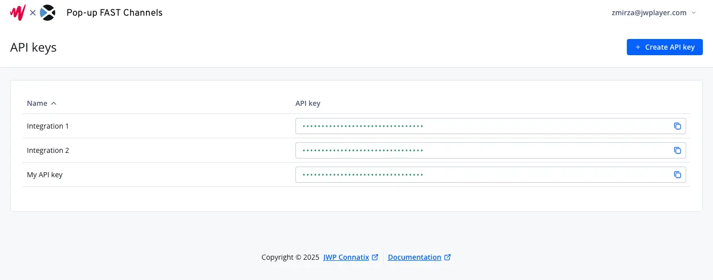 Screenshot of the API keys page