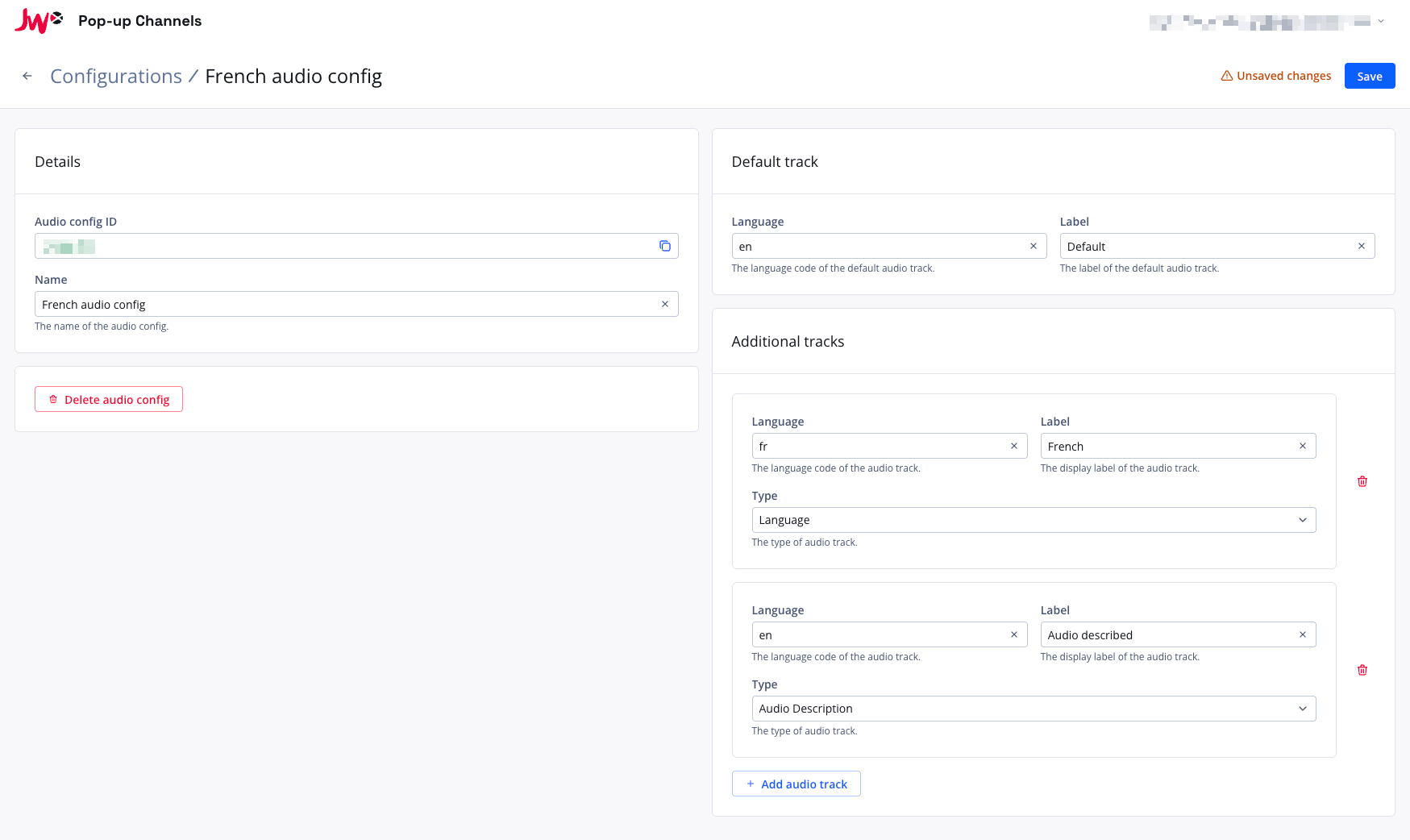 Screenshot of the audio configuration page