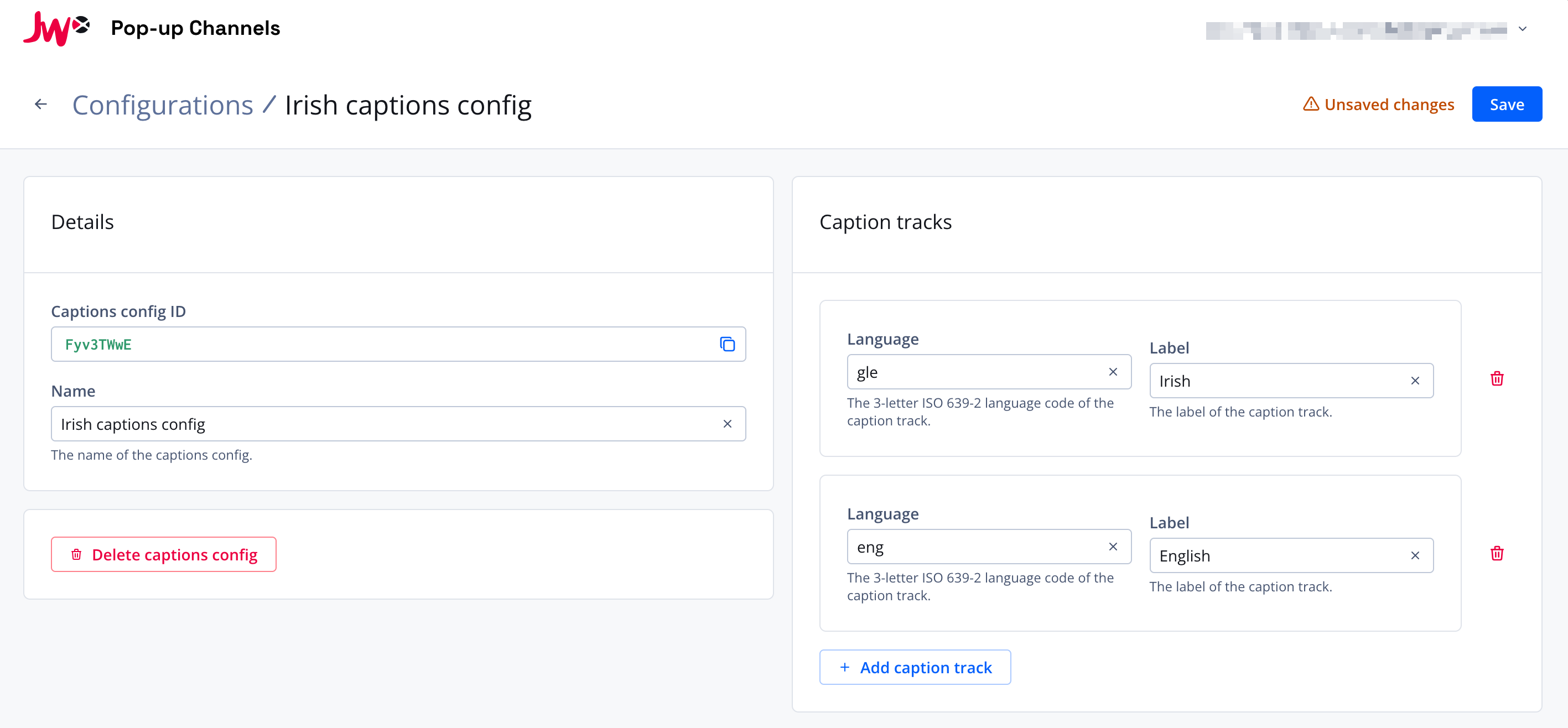 Screenshot of the captions configuration page