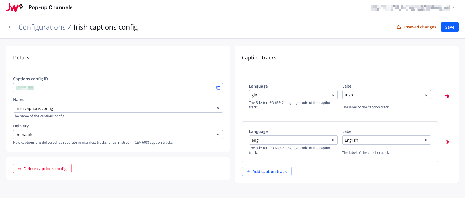 Screenshot of the captions configuration page