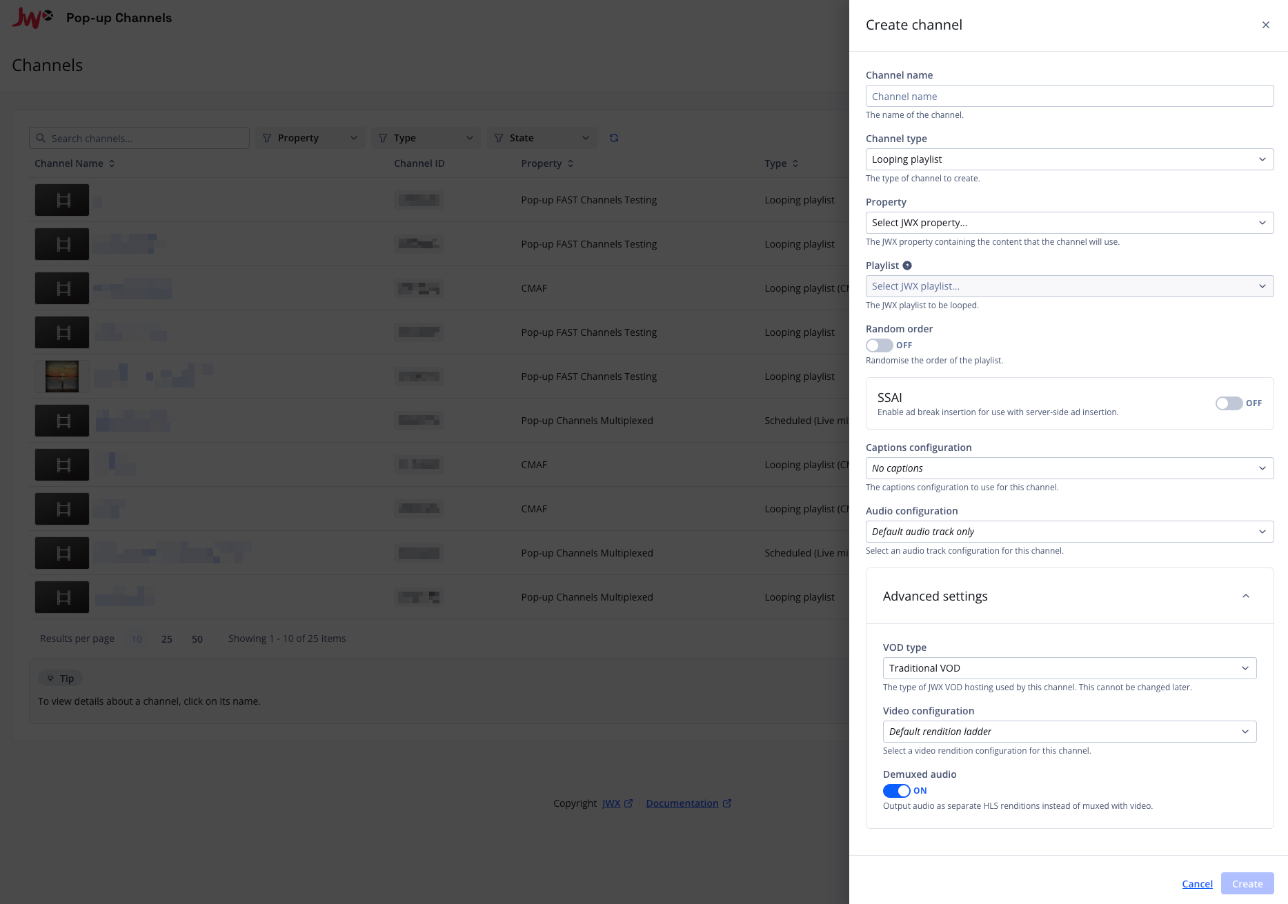 Screenshot of the create channel modal