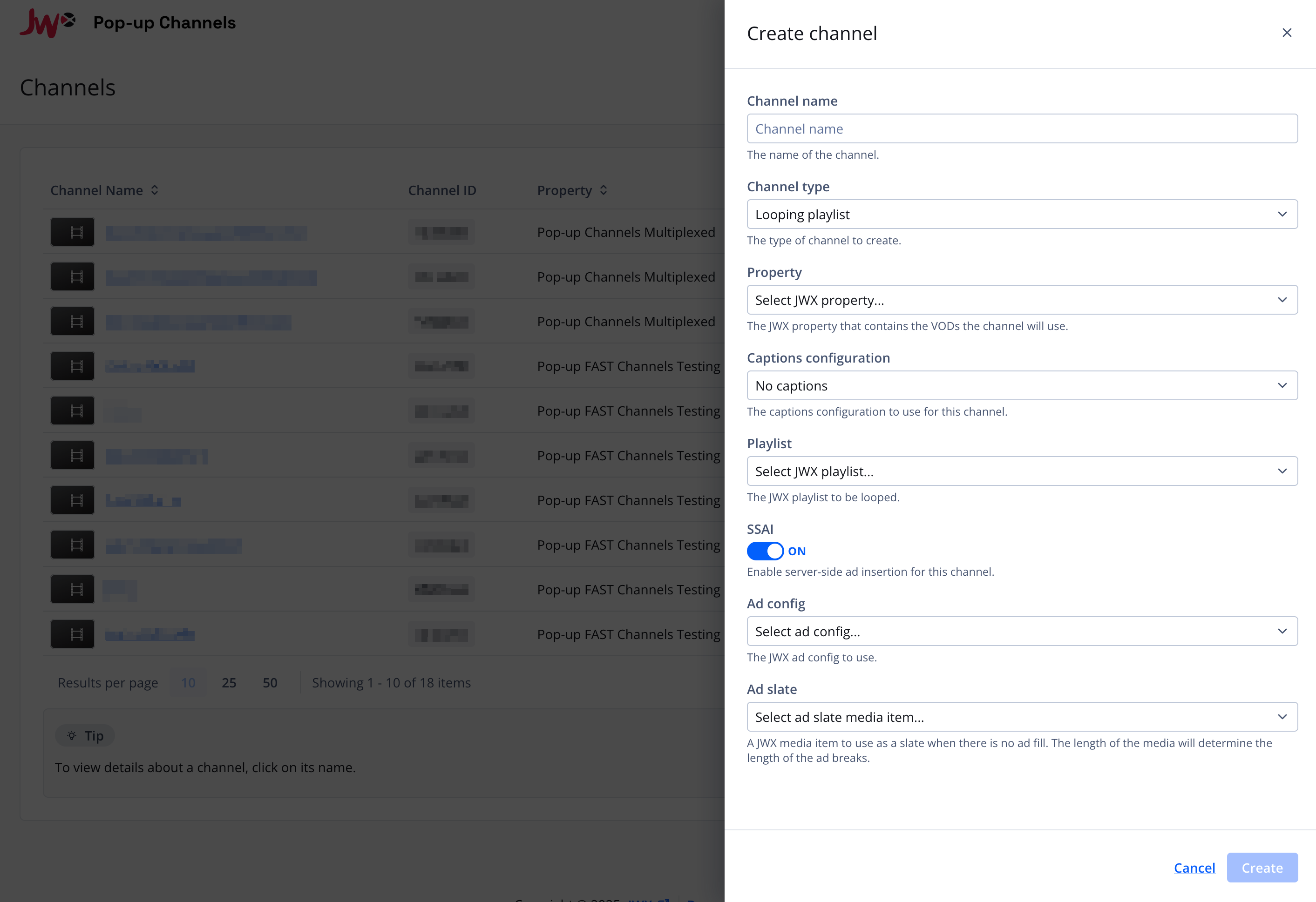 Screenshot of the create channel modal