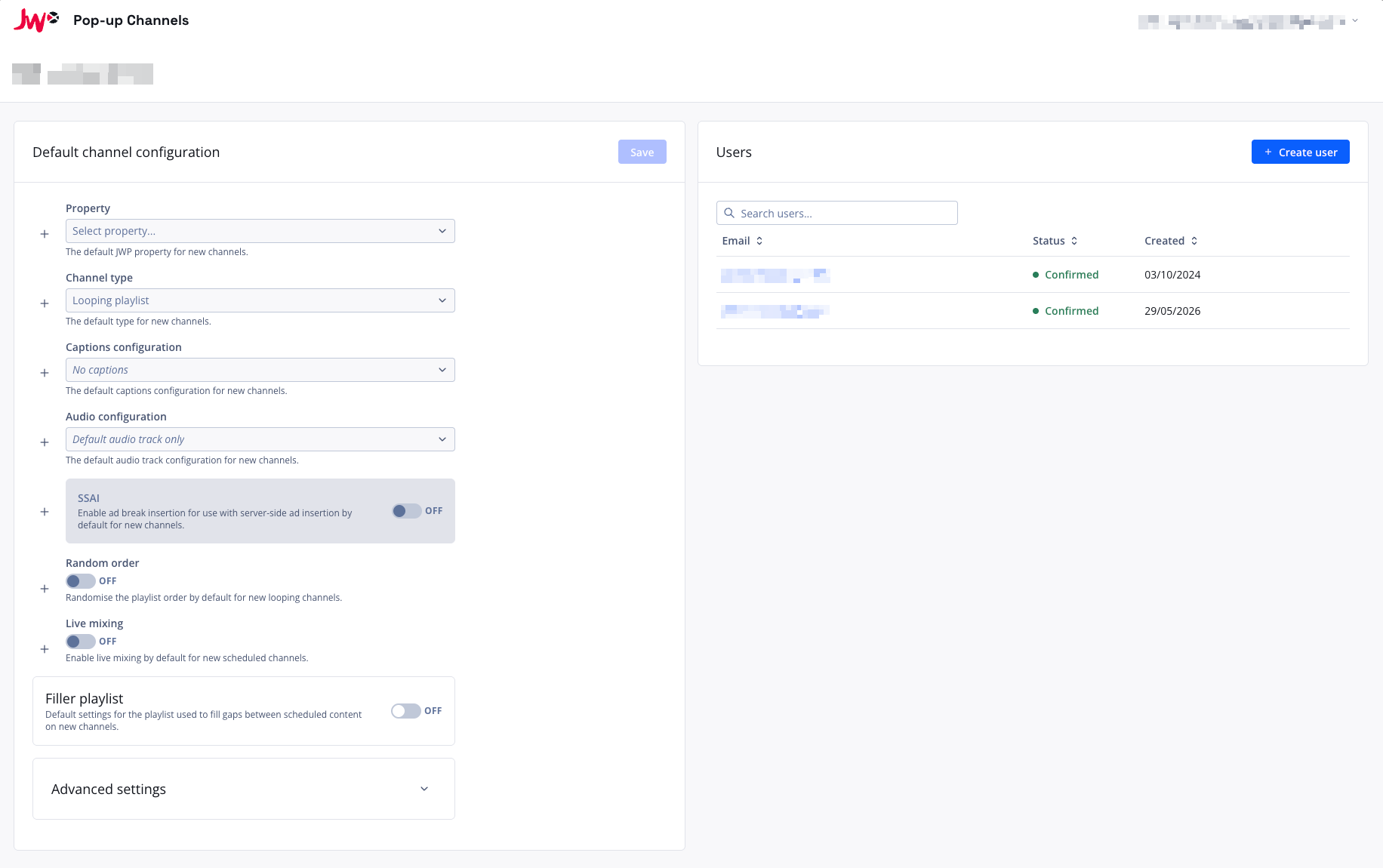 Screenshot of the default channel configuration on the account page