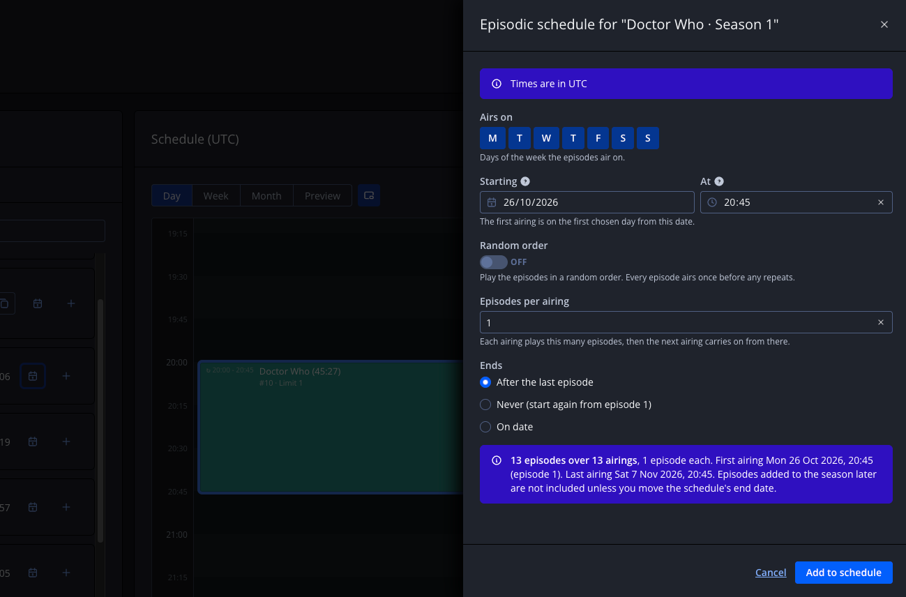 Screenshot of the episodic schedule options for a season