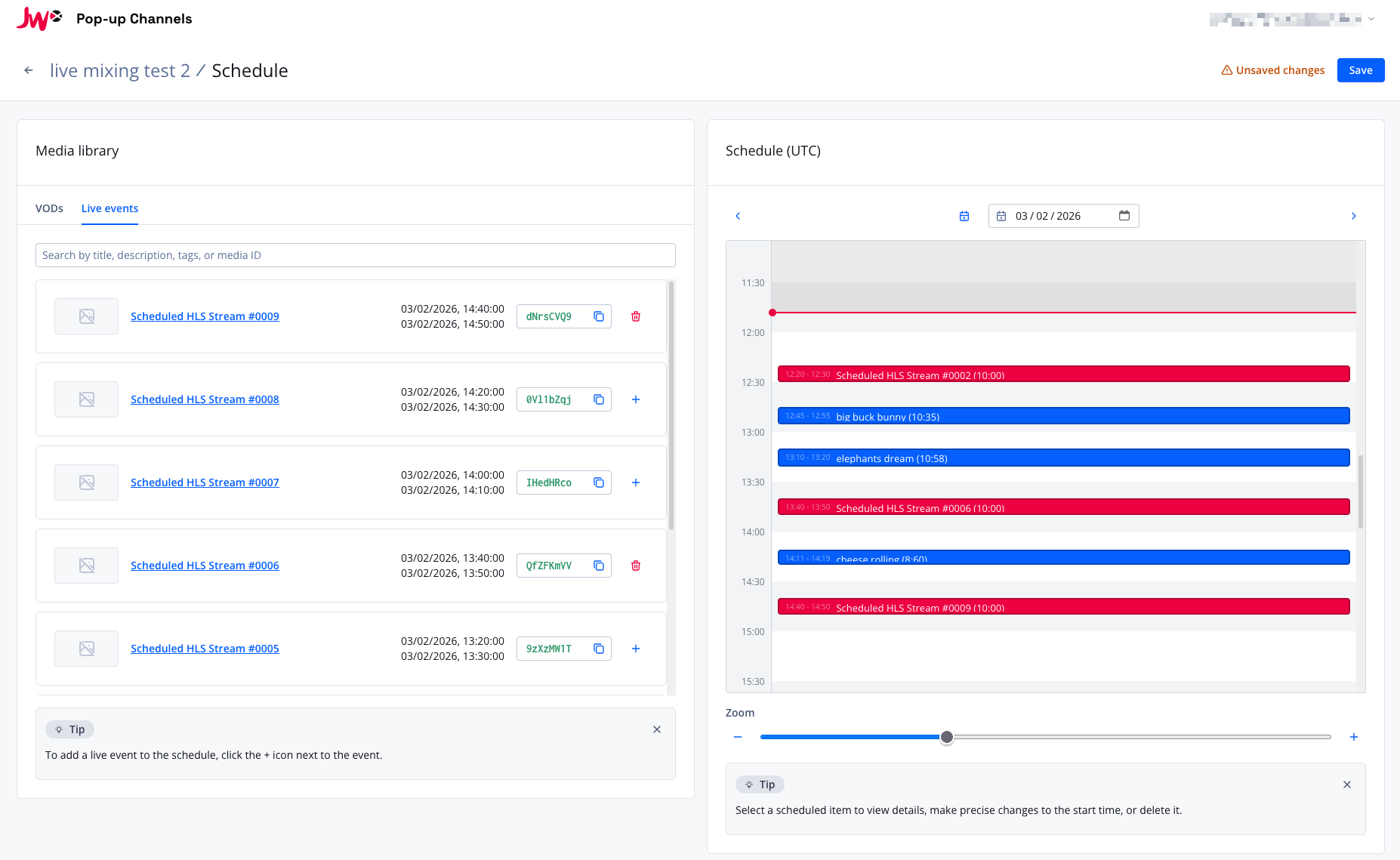 Screenshot of the Pop-up Channels Scheduler UI with live events