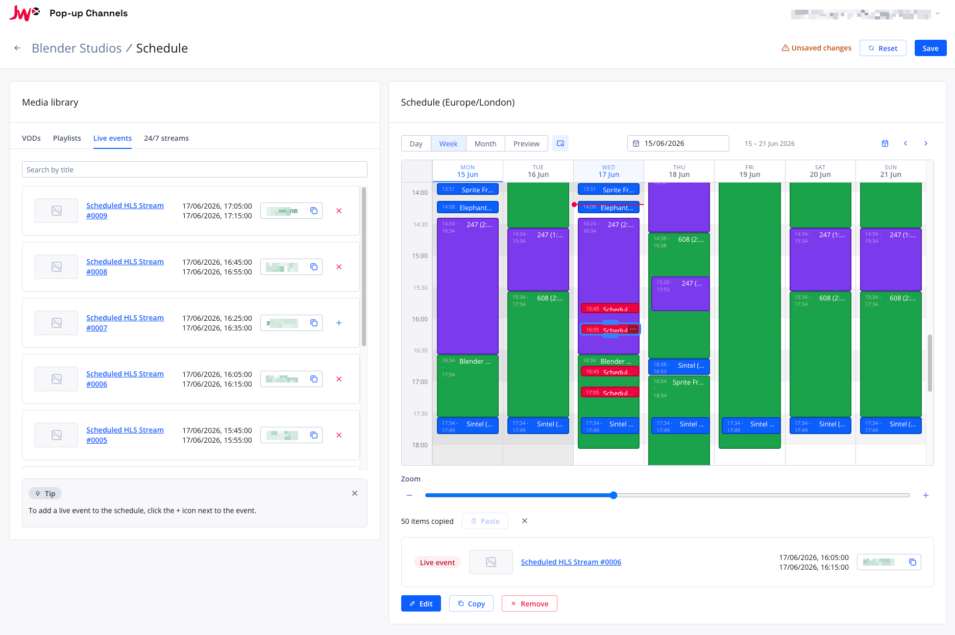 Screenshot of the Pop-up Channels Scheduler UI with live events