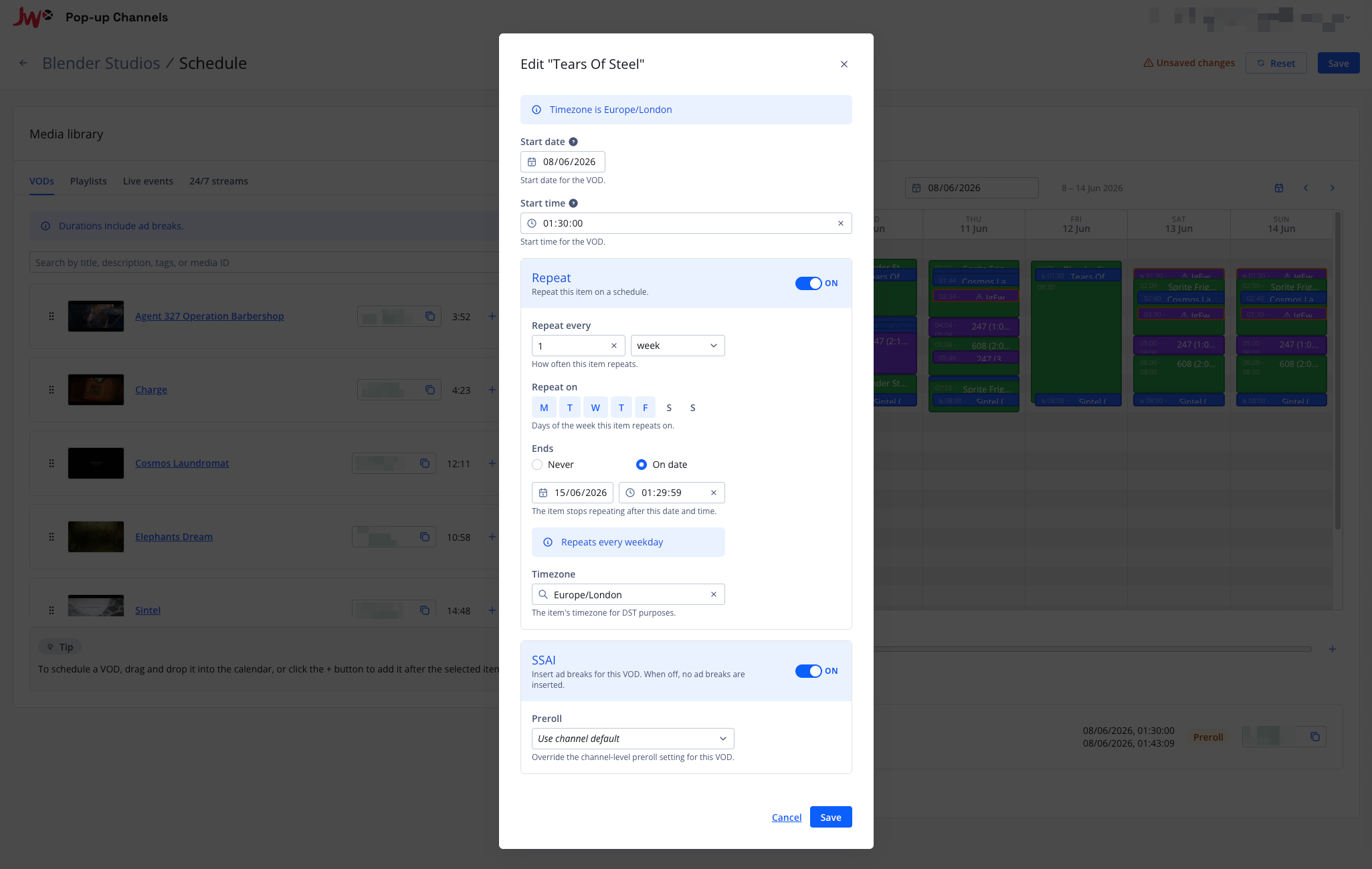 Screenshot of the recurrence options in the edit modal