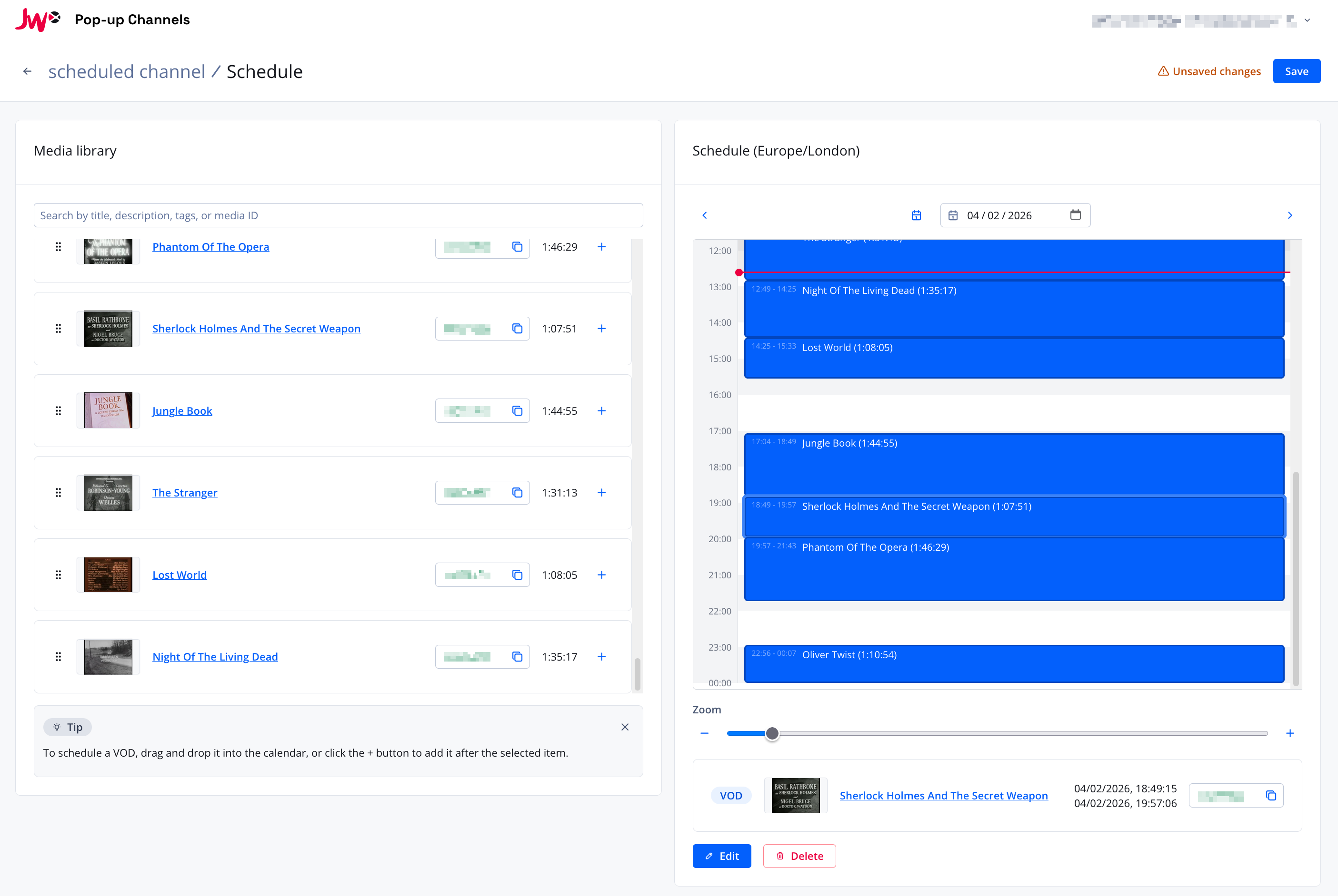 Screenshot of the Pop-up Channels Scheduler UI