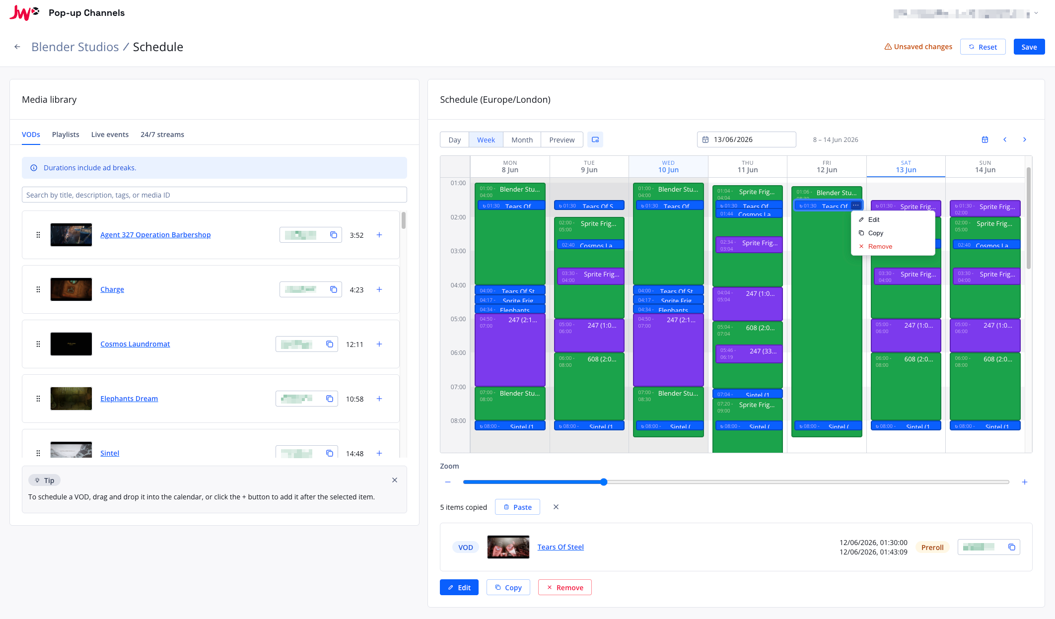 Screenshot of the Pop-up Channels Scheduler UI