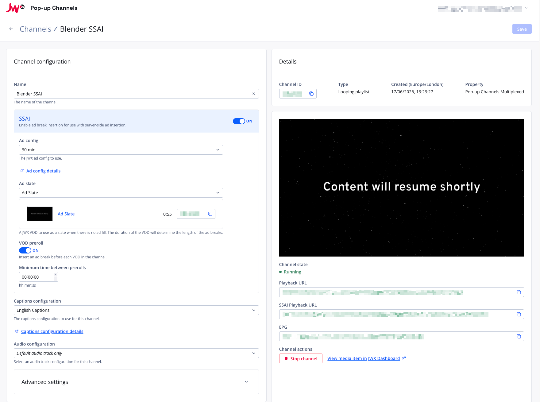 Screenshot of a channel with SSAI enabled