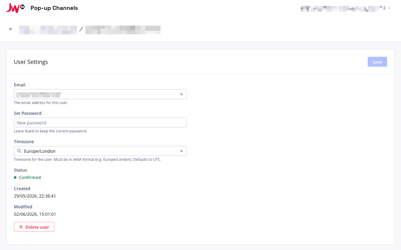Screenshot of the user settings page