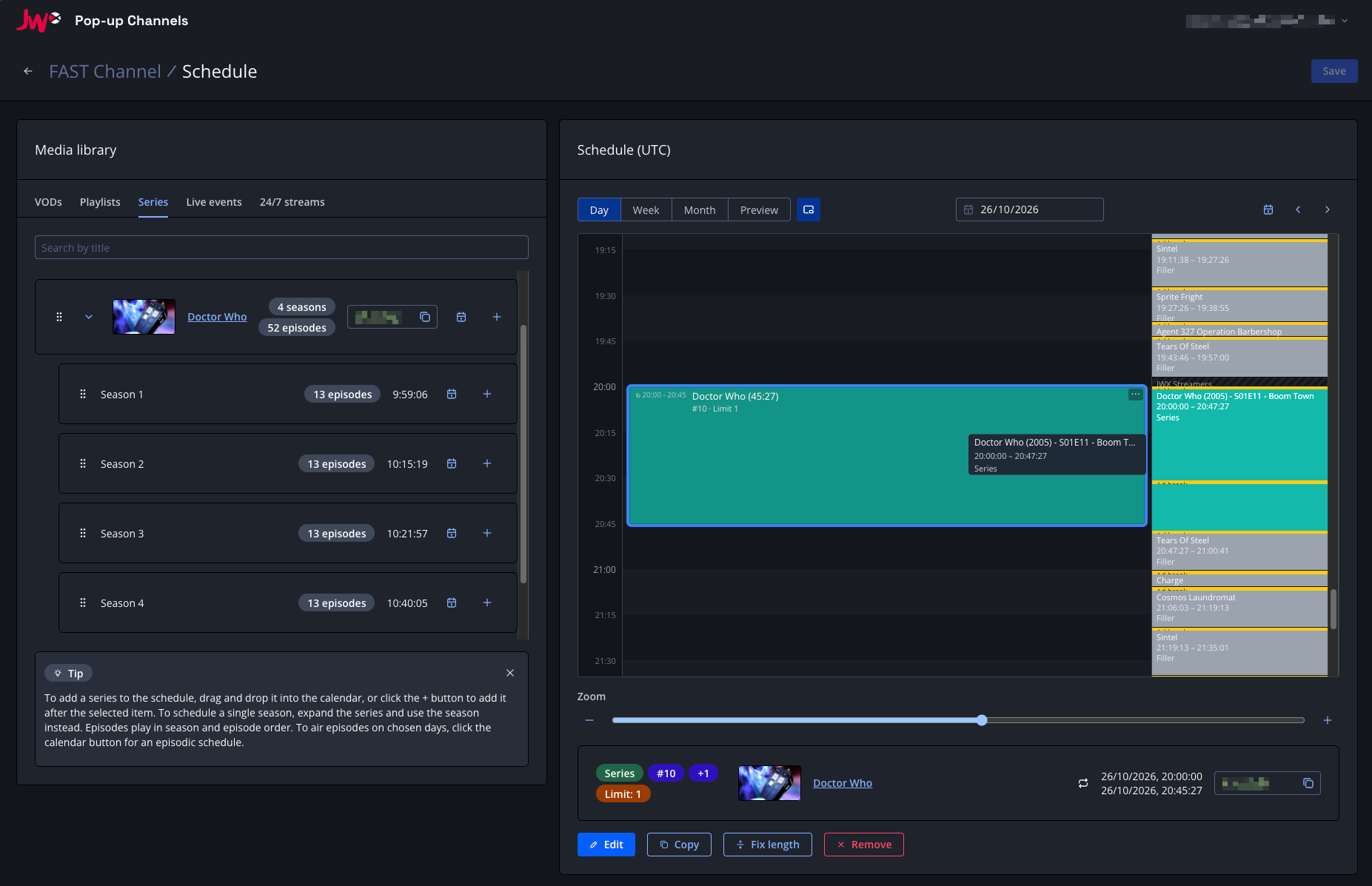 Screenshot of a series block and the EPG preview in the Pop-up Channels scheduler
