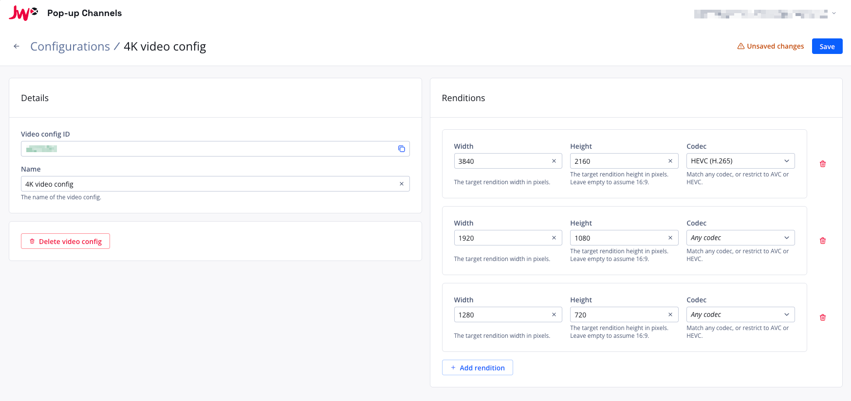 Screenshot of the video configuration page